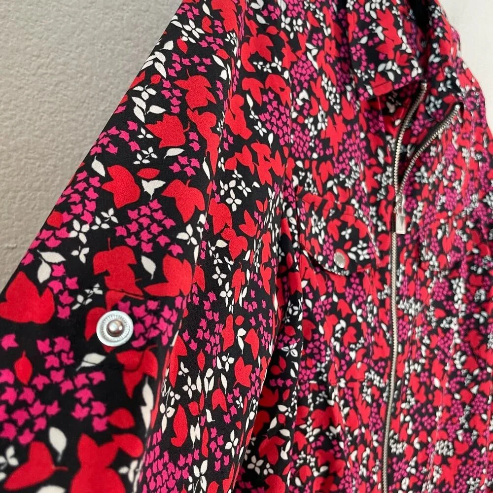 Michael Kors Womens Small Floral Zip Up Blouse‎ Roll Tab Sleeve Shirt Top